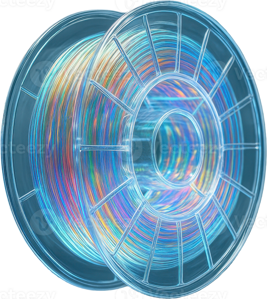 Colorful iridescent 3D printing filament spool for modern additive manufacturing png