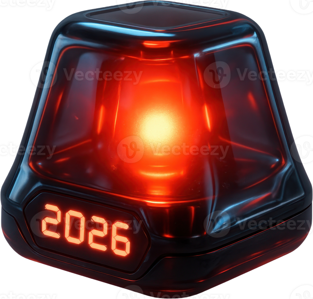 High tech emergency warning beacon with bright red light and 2026 digital display png