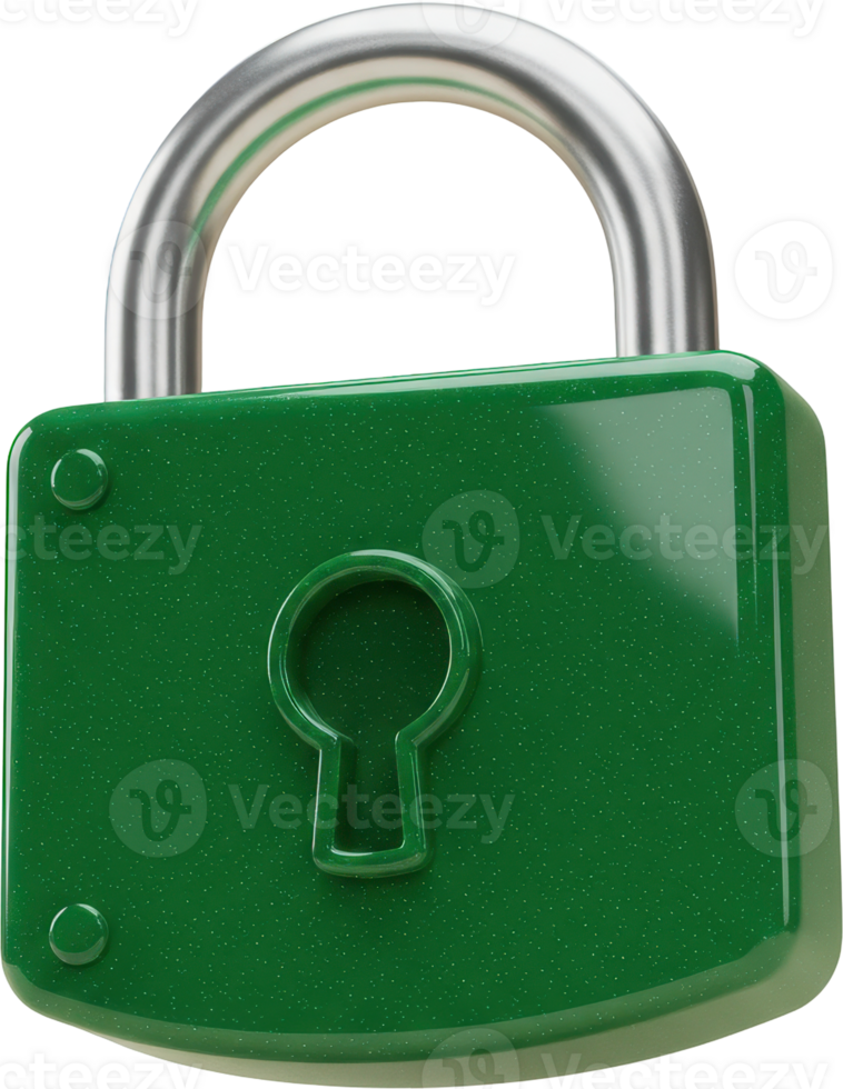 Glossy emerald green padlock with silver shackle for security and access control png