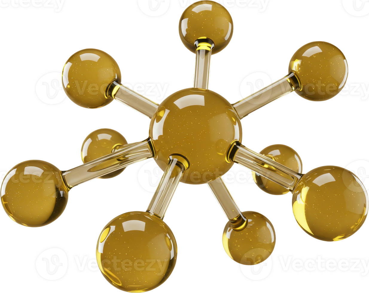 Golden molecular structure, abstract network of glossy translucent spheres and rods png