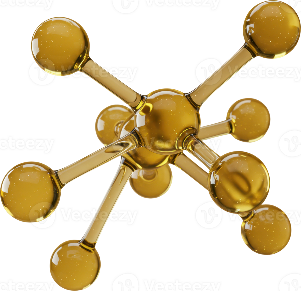 Elegant golden abstract molecular network with glossy translucent spheres png