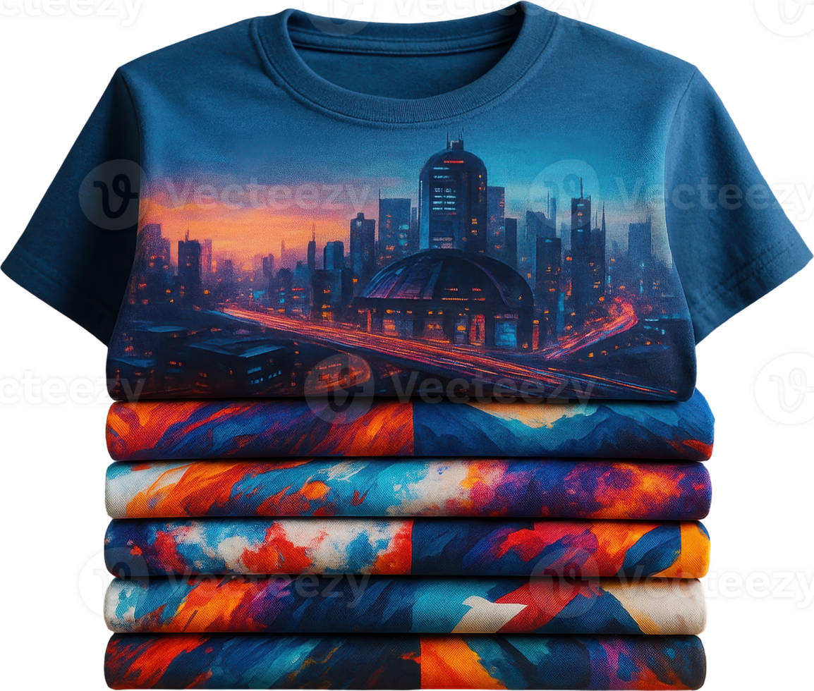 Vibrant custom t shirts stacked, featuring cityscape and abstract art prints png