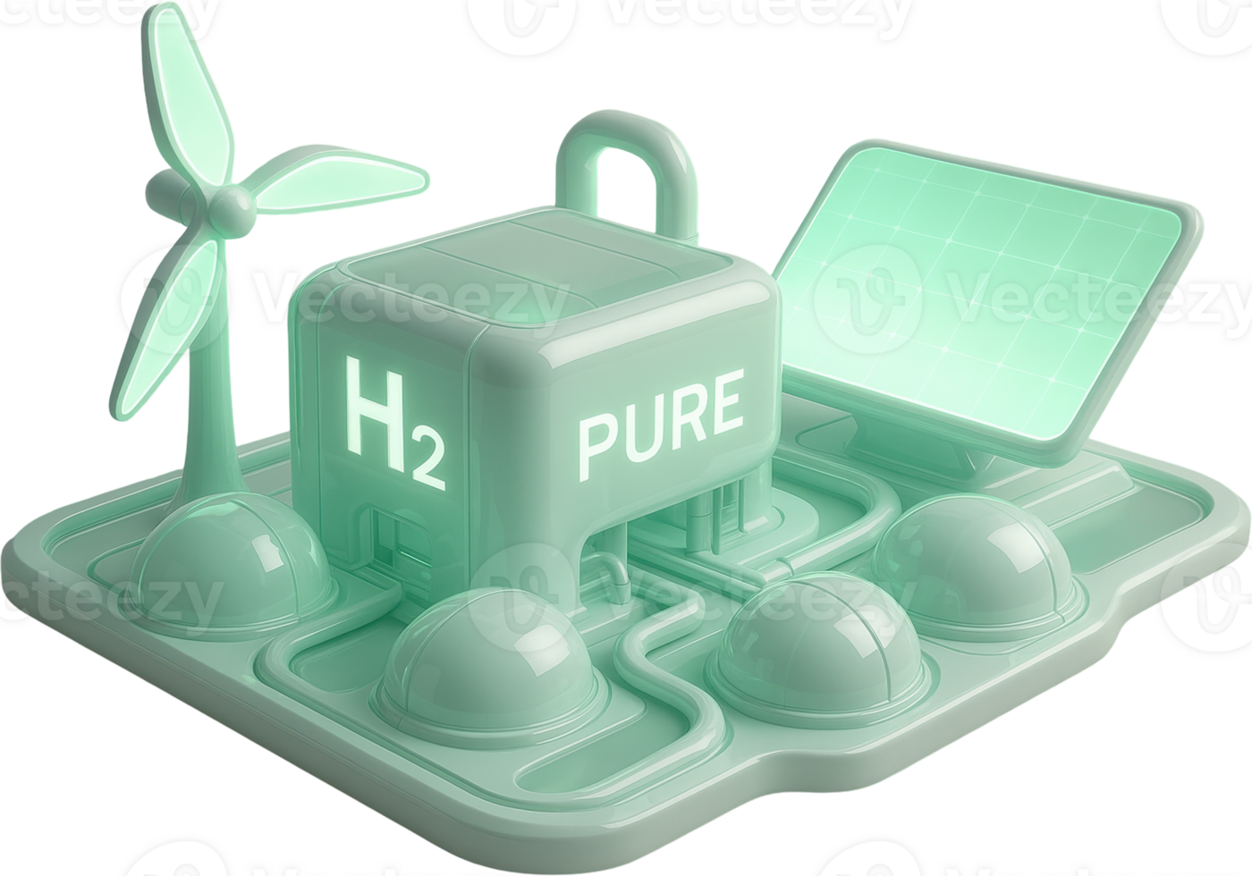 Futuristic green hydrogen production facility with integrated renewable energy sources png