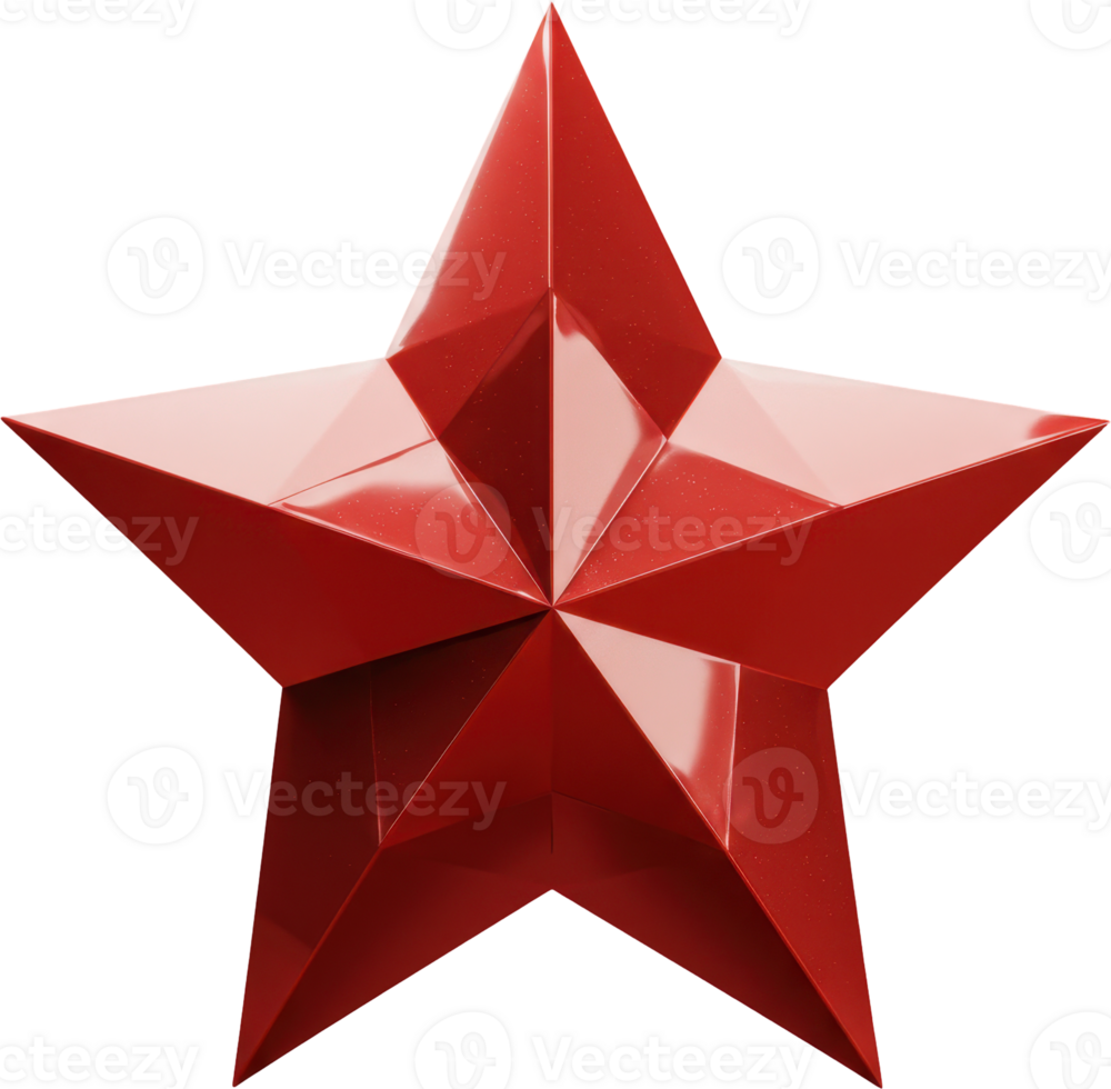Shining glossy metallic red five pointed star with sharp edges and facets png