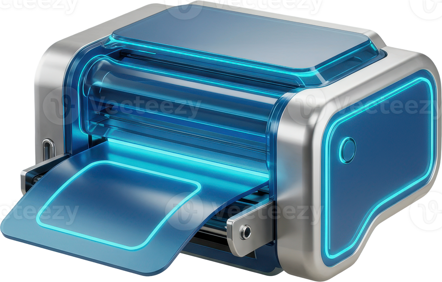 Cutting edge holographic printer with bright blue illumination and modern design png