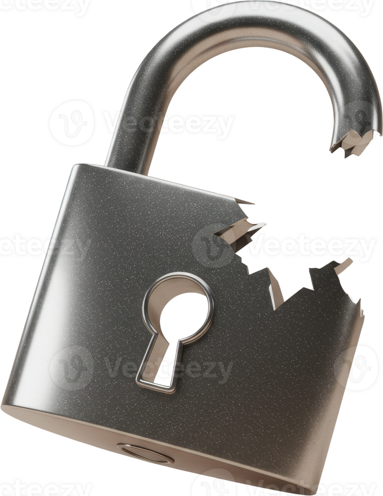Broken metal padlock with snapped shackle, symbolizing security breach or failure png
