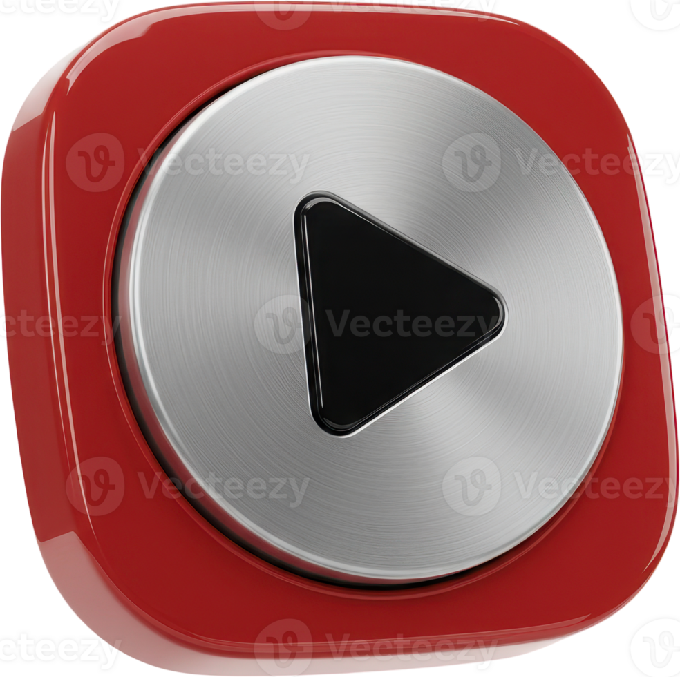 Sleek 3D media play button with glossy red frame and metallic silver center png