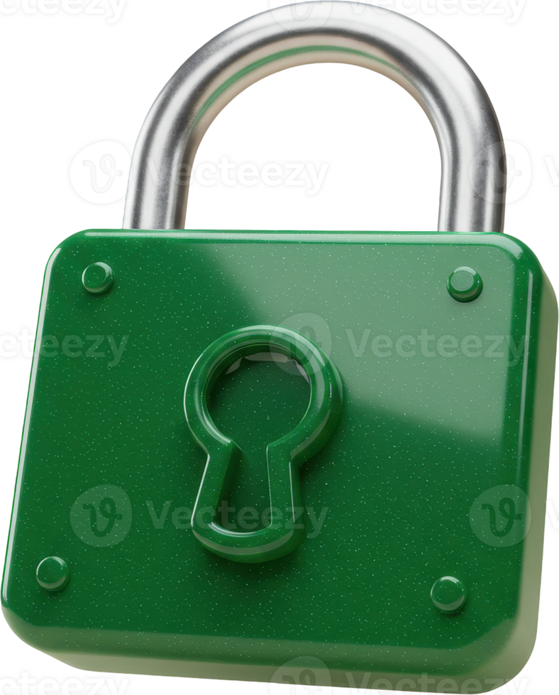 Glossy emerald green padlock with metallic shackle for security and protection png