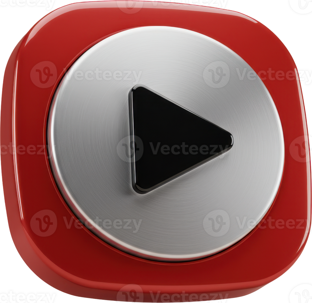 Shiny red play button with metallic finish for modern user interface design png