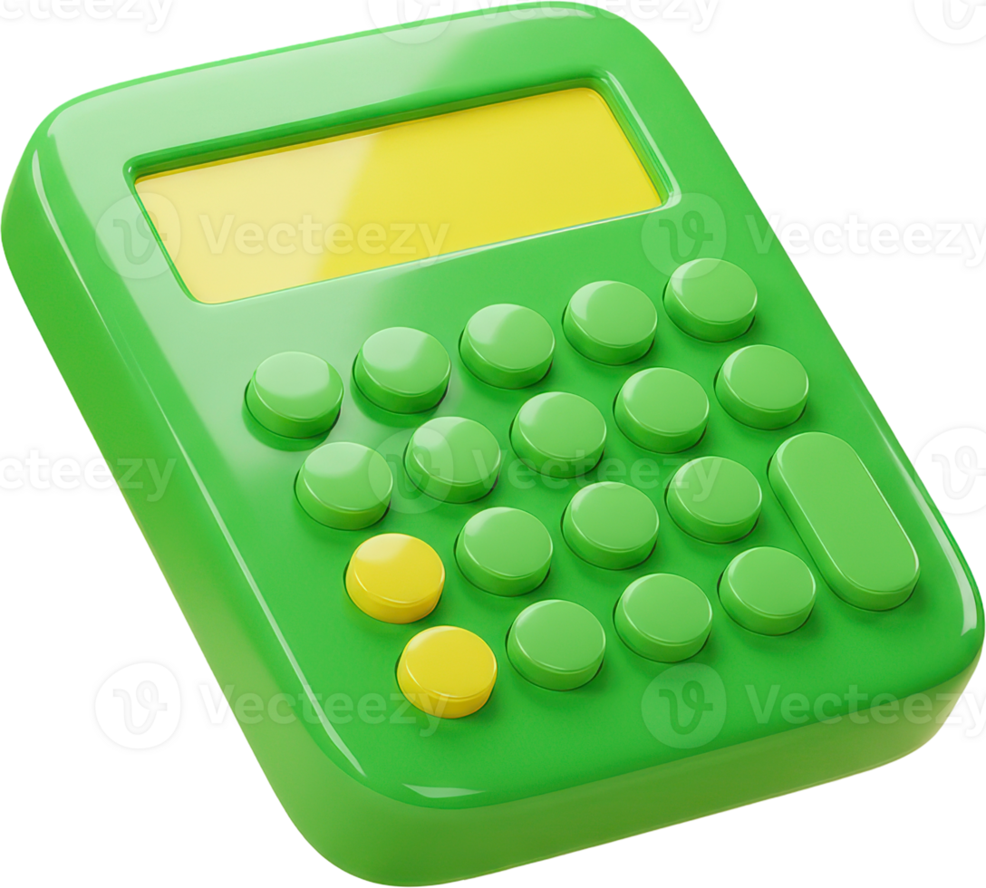 Vibrant green 3D calculator with shiny surface and yellow buttons for math and finance png