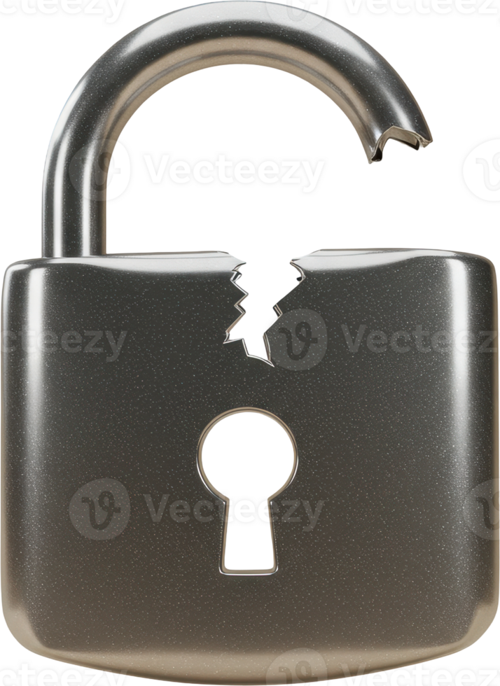 Broken silver padlock with fractured shackle and cracked body, symbolizing compromised security. png