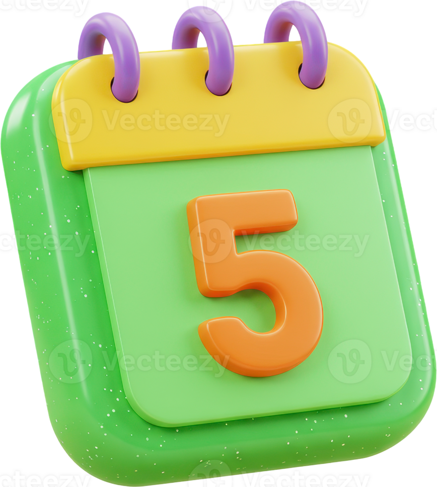 Vibrant 3D calendar icon with number five for date and event planning png