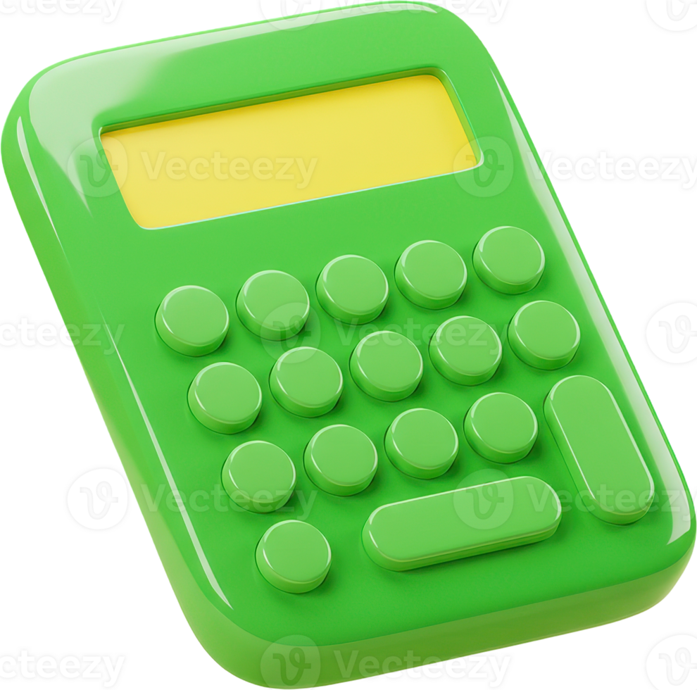 Bright green calculator with yellow screen and smooth round buttons for math and finance png