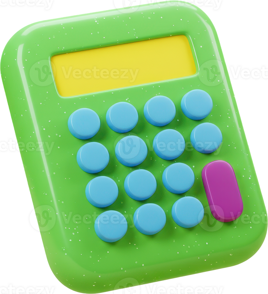 Colorful 3D calculator with glossy green body and bright blue buttons png