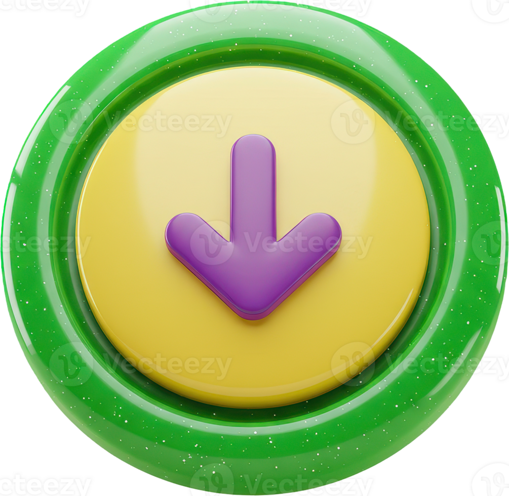 Bright 3D download arrow button with glossy green and yellow design png