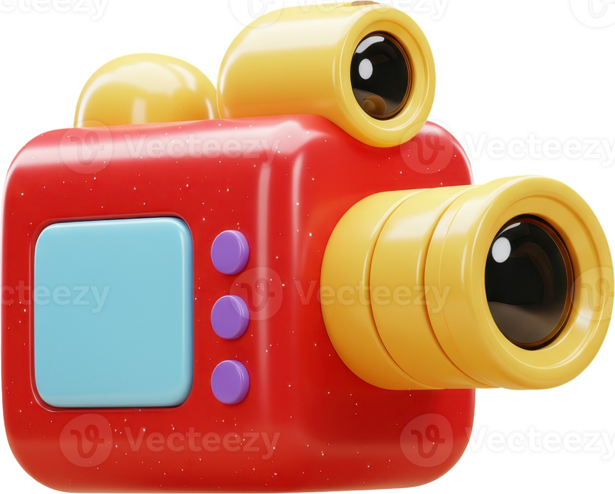 Vibrant red and yellow cartoon camera with glossy finish and fun design png