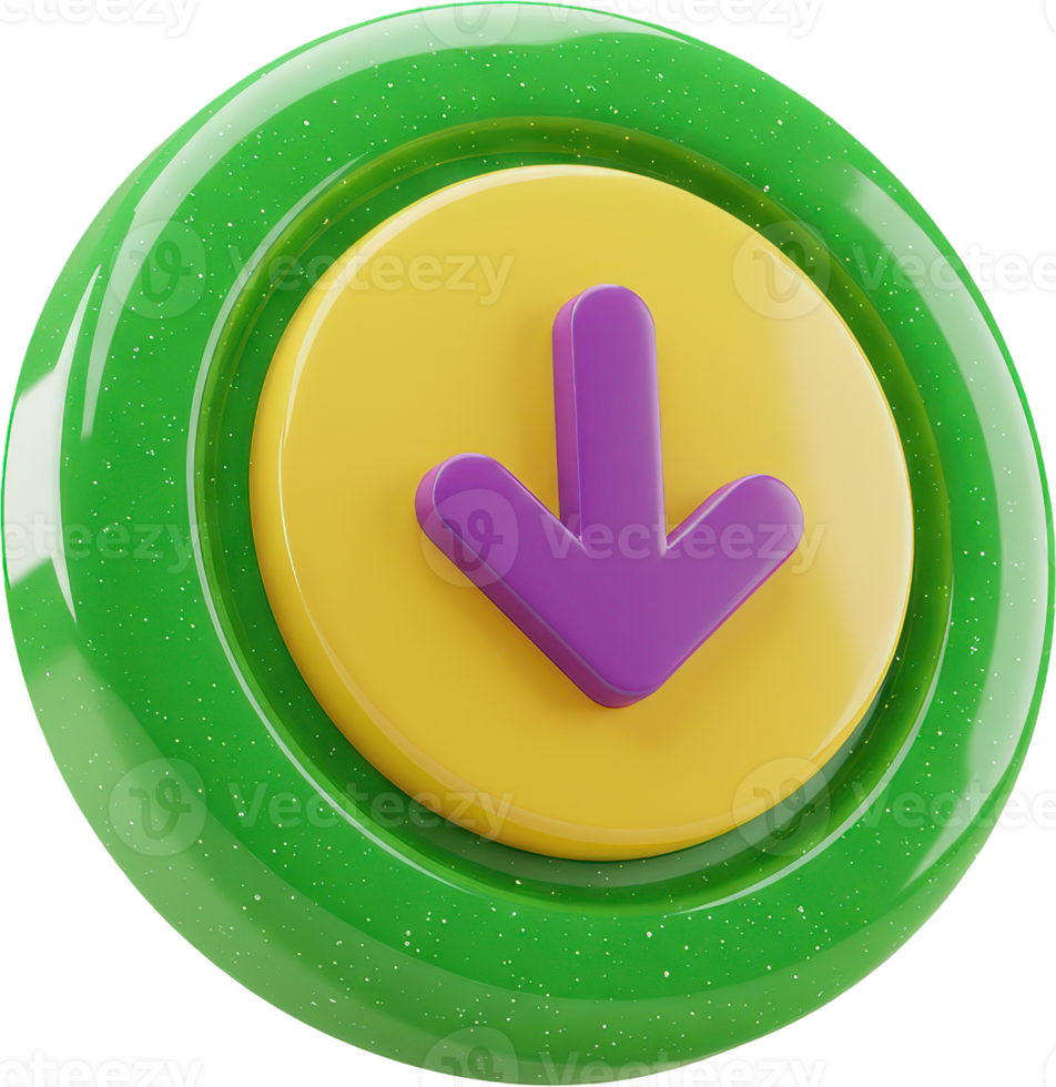 Vibrant glossy 3D download button with purple arrow on yellow and green circle png