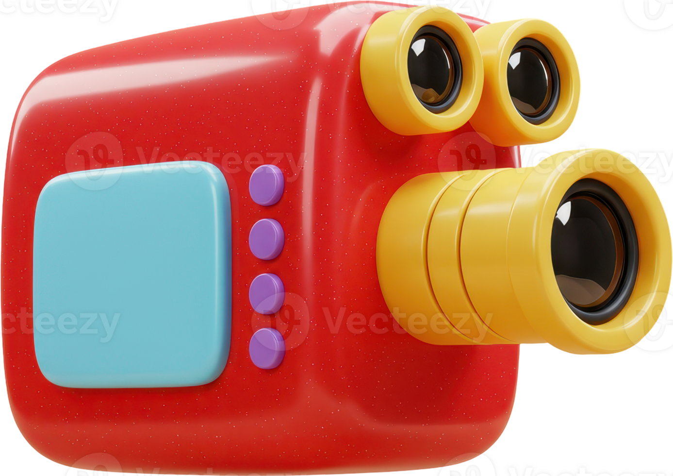 Playful glossy red cartoon camera with yellow lenses and blue screen png