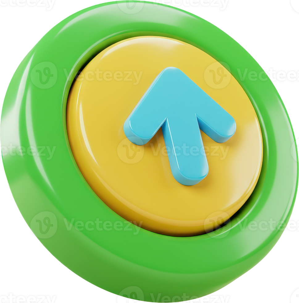Vibrant 3D glossy up arrow icon on a circular button for UI UX design png