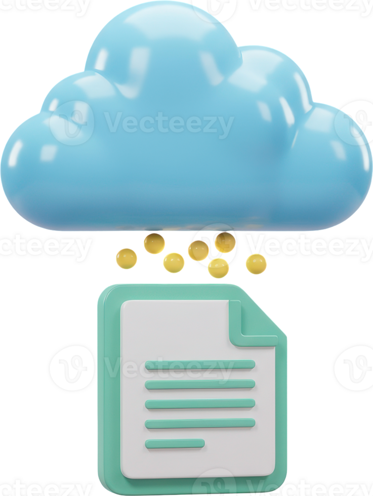 Cloud computing data transfer, golden coins raining onto a digital document icon png