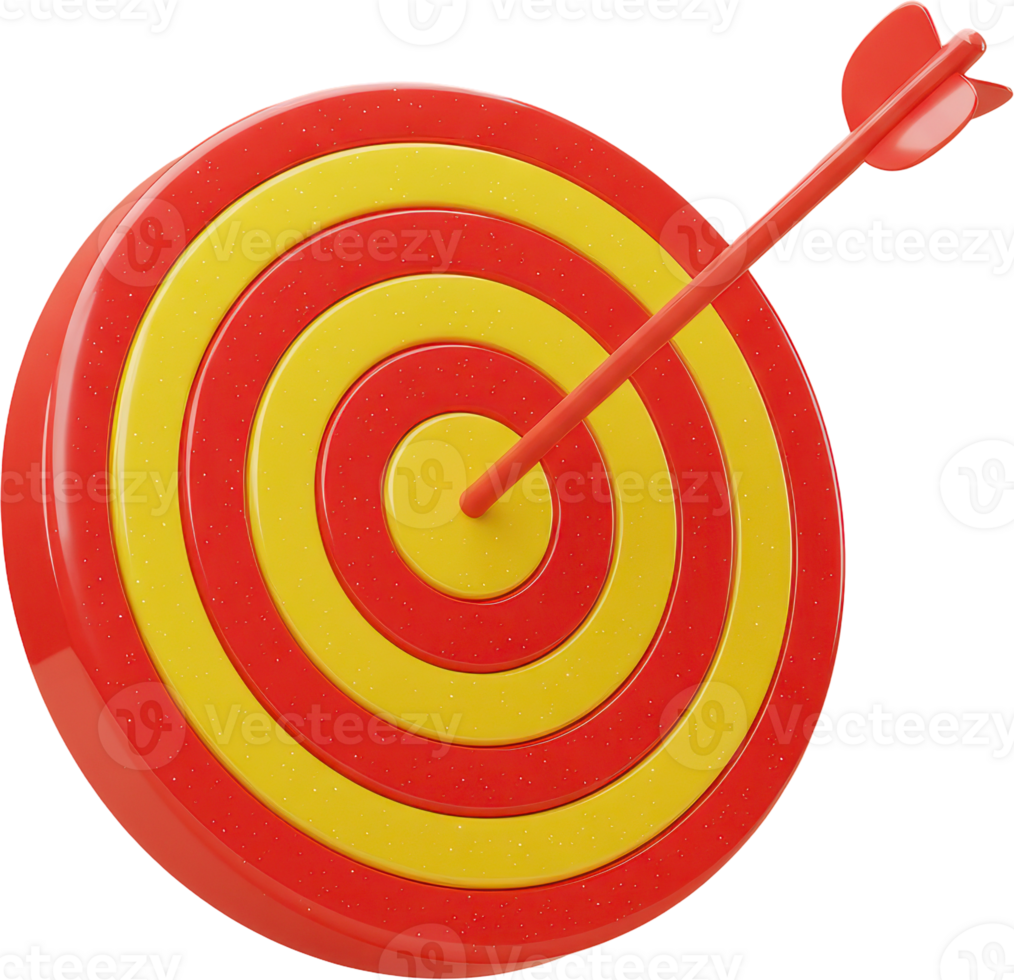 Red and yellow bullseye target with a direct hit from a vibrant arrow png