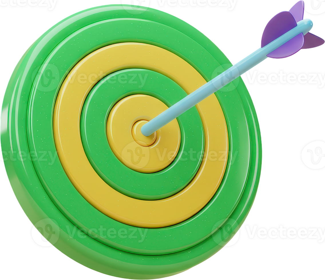 Perfect shot, green and yellow target board with blue arrow in the bullseye png