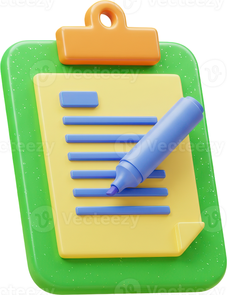 Vibrant 3D clipboard with paper and marker for note taking and highlighting png