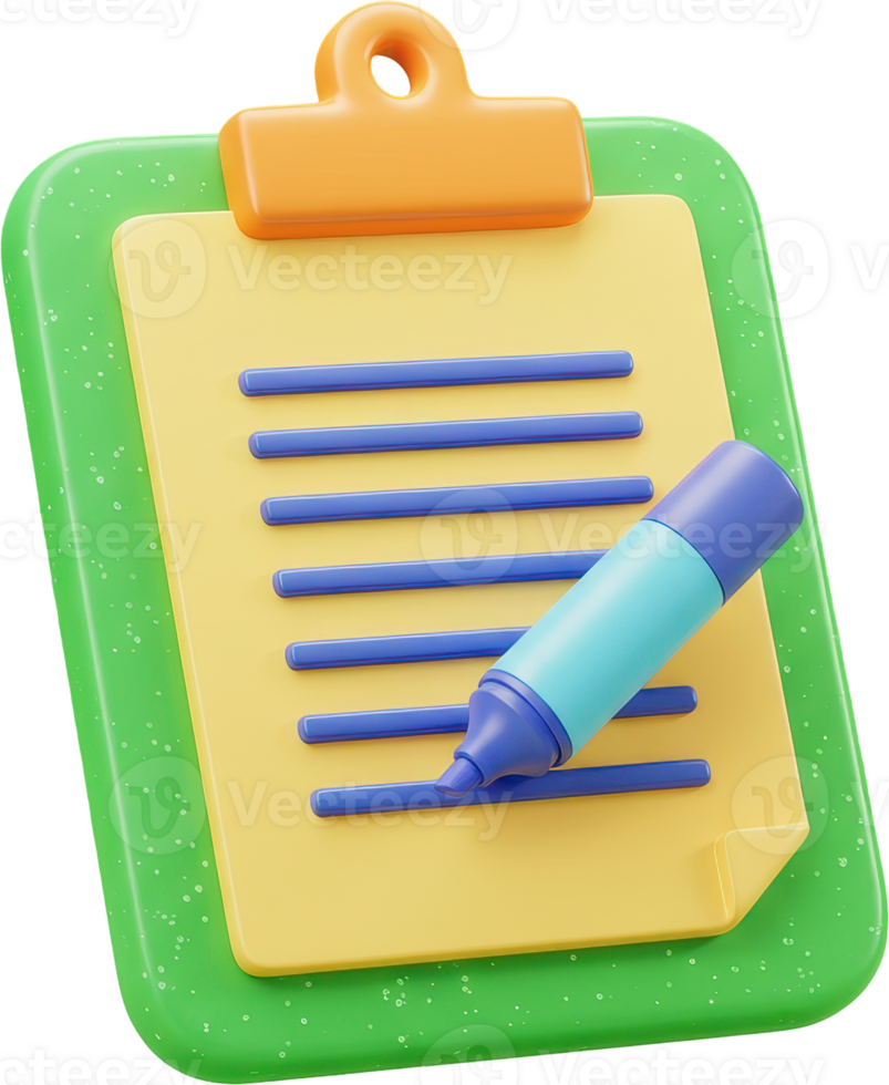 Glossy 3D clipboard with paper and marker for task management and notes png