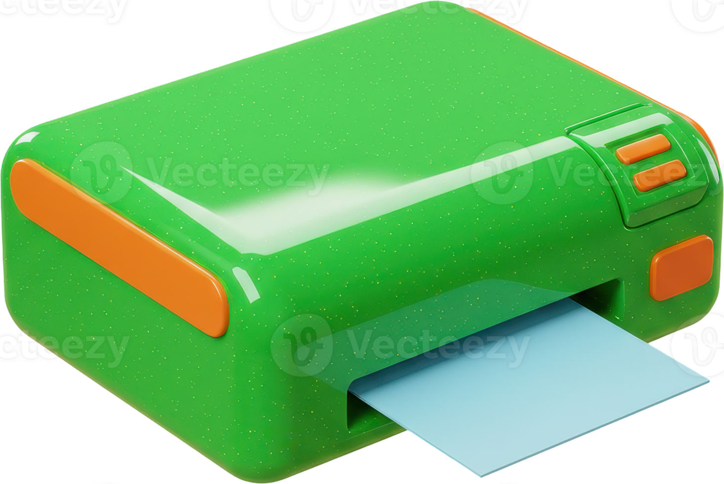 Vibrant green and orange compact printer with glossy plastic finish and paper output png