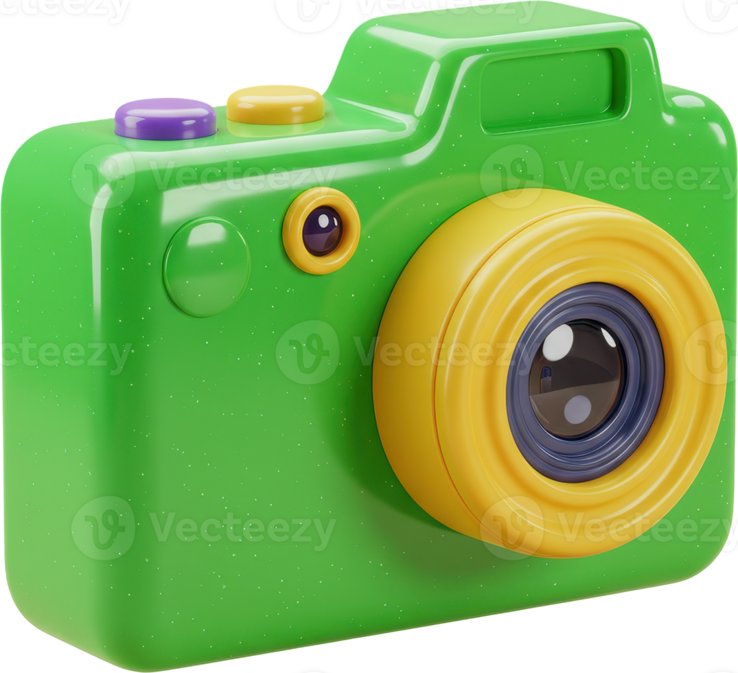 Glossy green compact digital camera with yellow lens and purple button png