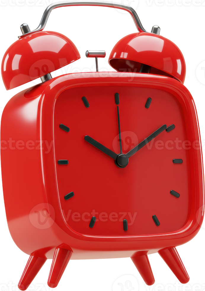 Bright red alarm clock with twin bells and square face for timekeeping and alerts png