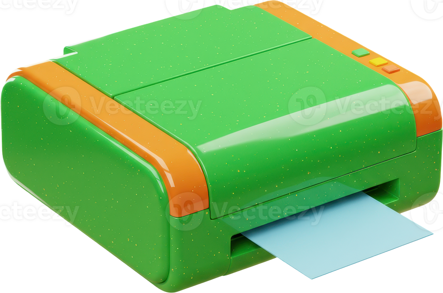 Modern compact green and orange printer with blue paper ready for printing png
