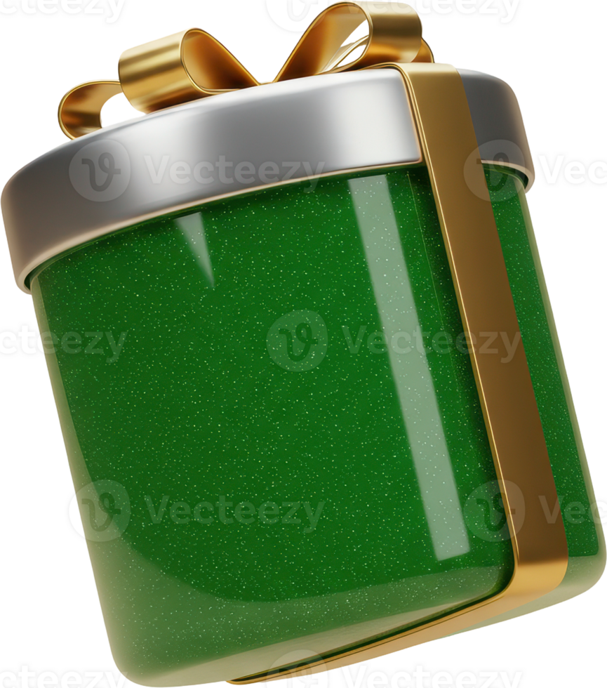 Sparkling green cylindrical gift box with golden ribbon and silver lid png