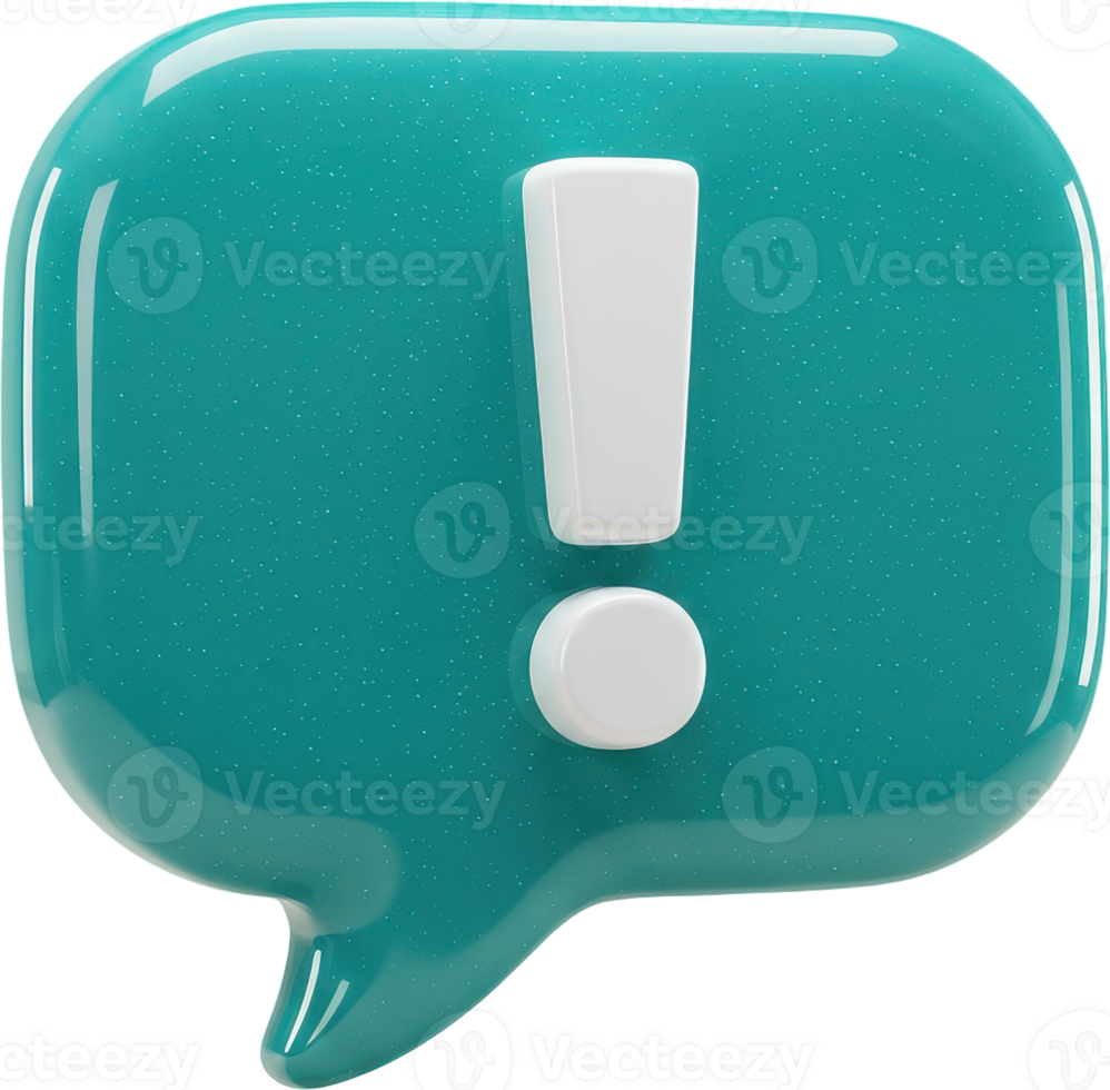 Vibrant teal speech bubble with white exclamation mark 3D icon for alerts png