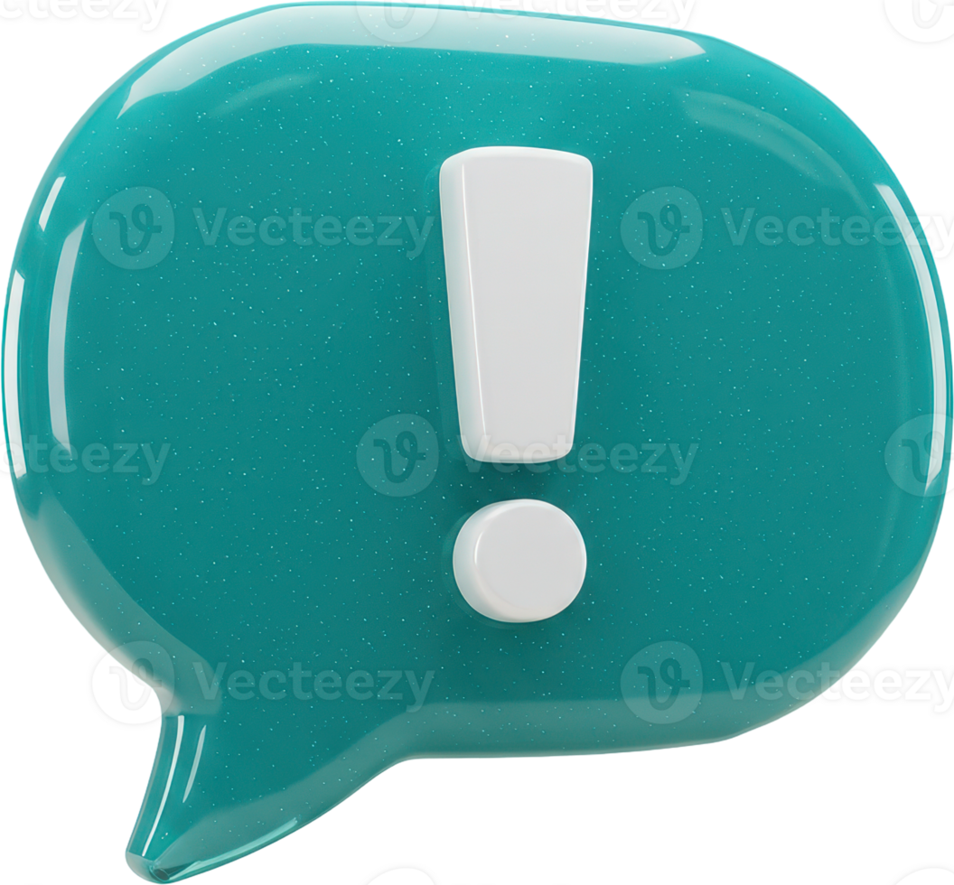 Dynamic 3D teal chat bubble with exclamation mark for important announcements png