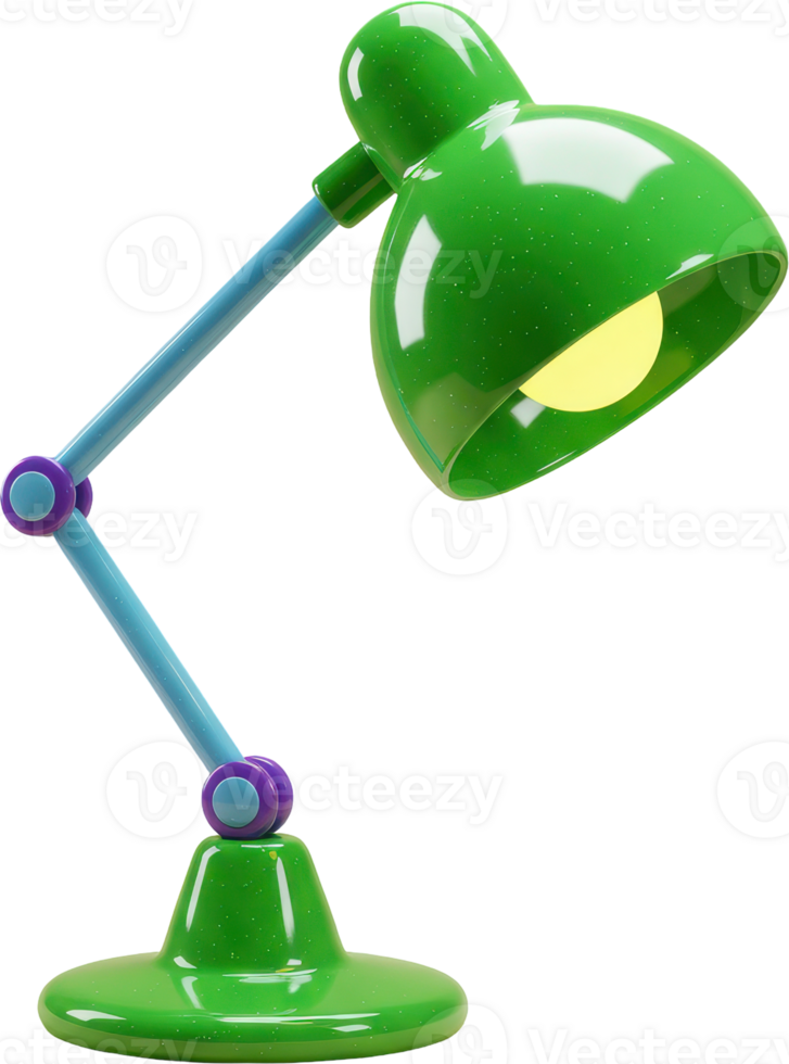 Vibrant green desk lamp with adjustable arm and glowing light bulb for office or study png