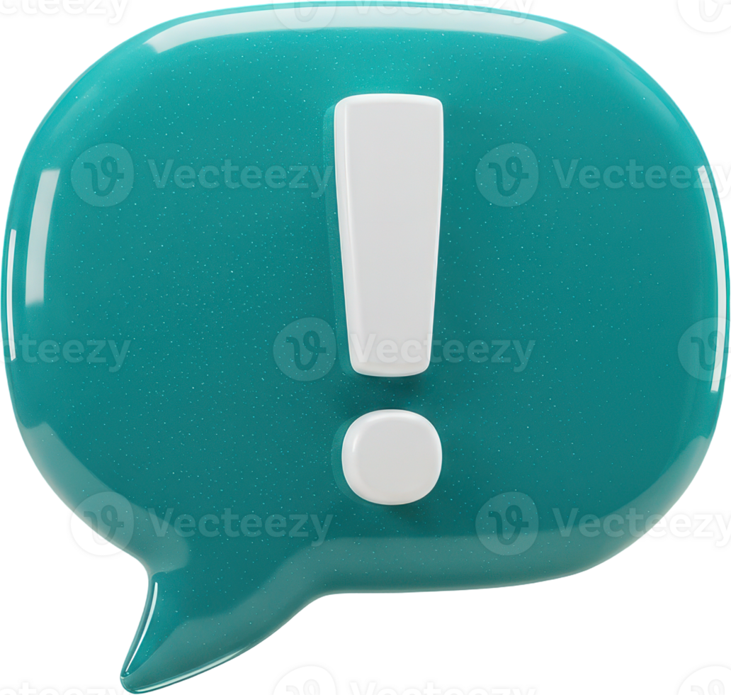 Glossy 3D teal speech bubble with white exclamation mark for important alerts png