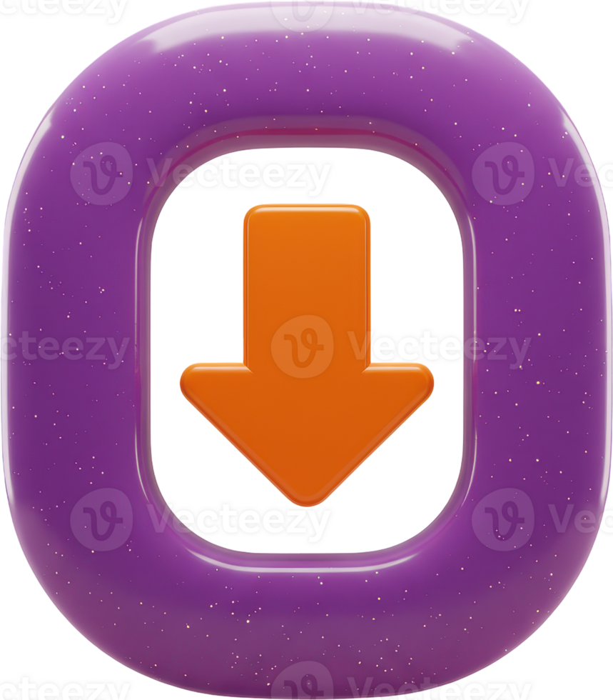 Shiny 3D download button with bright orange arrow on glittery purple frame png