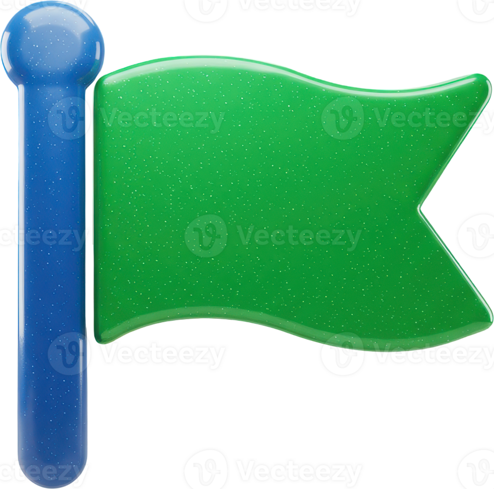 Glossy 3D green flag marker with blue pole, vibrant symbol for location and goals png