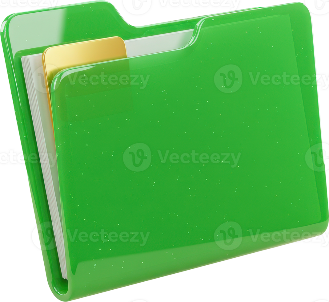 Glossy green file folder with documents and golden tab for organized data storage png