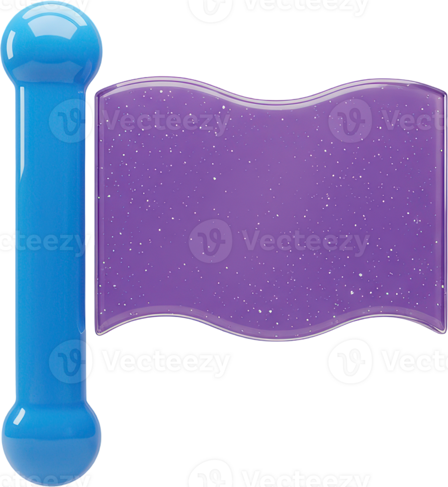 Brightly colored wavy purple flag icon with blue pole and sparkling glitter texture png