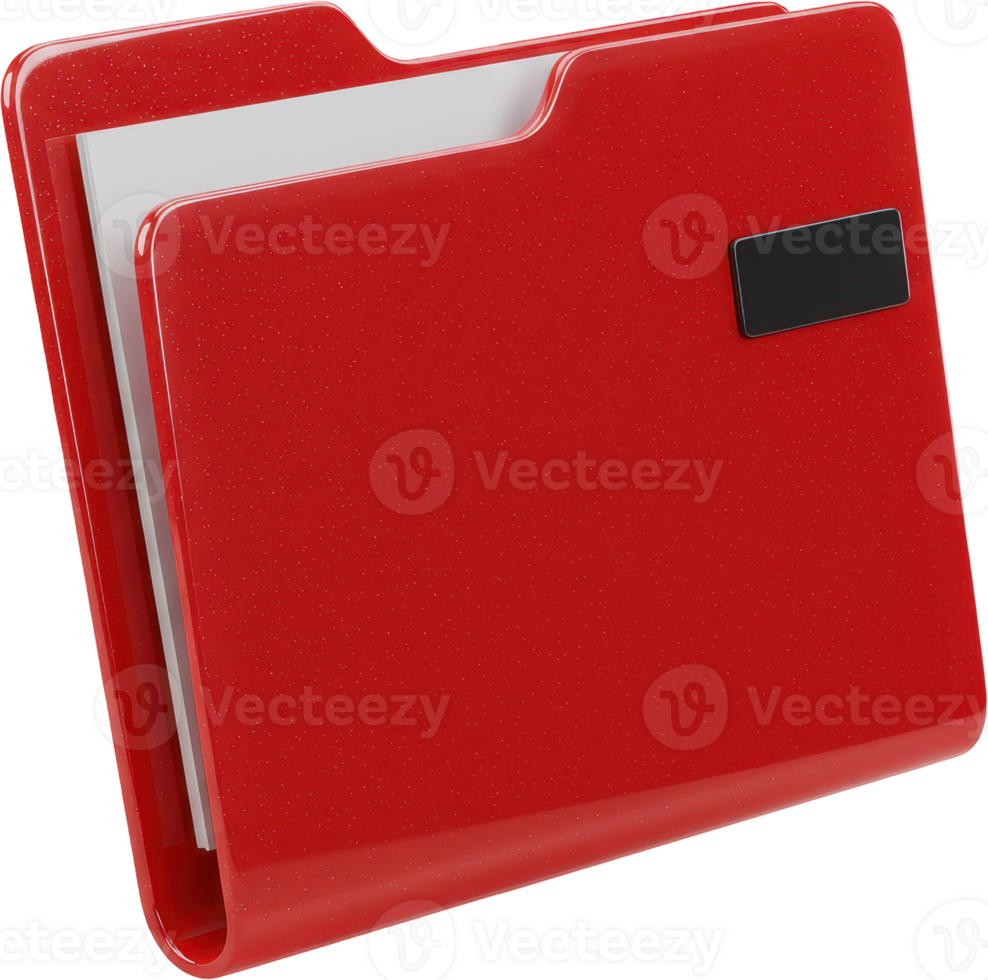 Glossy red plastic folder with documents and black label for organization png