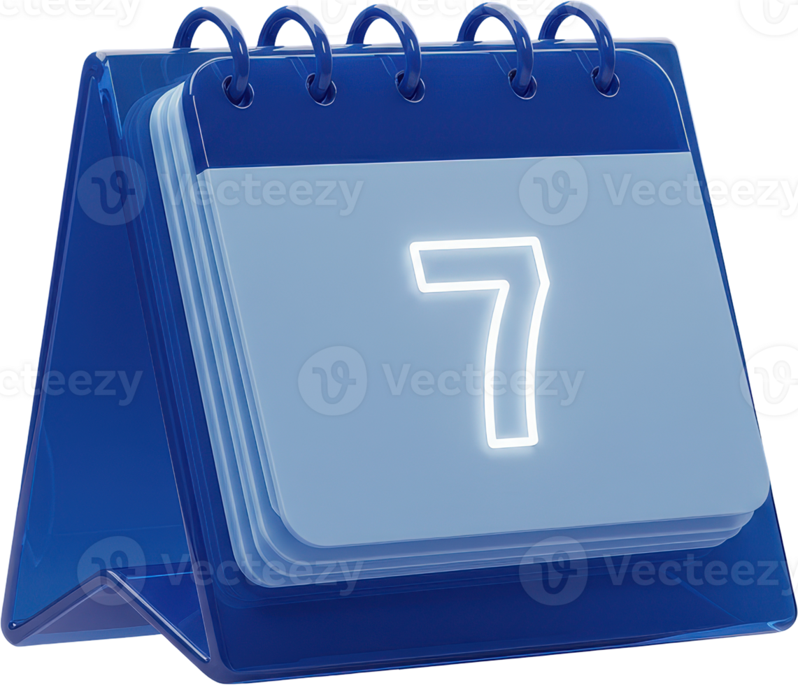 Futuristic blue desk calendar with glowing number seven for event reminders png