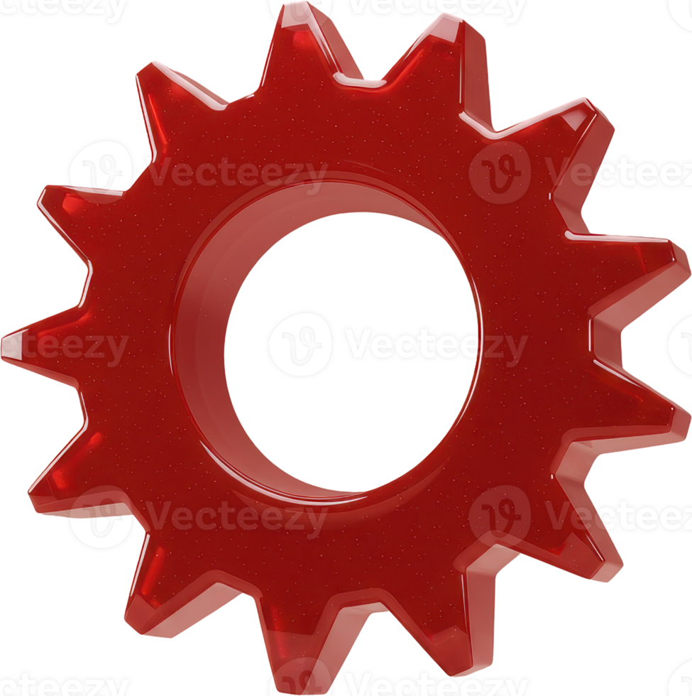 Bright red glossy plastic gear symbolizing mechanics, settings, and progress png