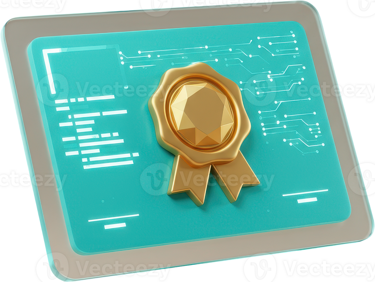 Futuristic digital certificate with golden seal of authenticity on a tech screen png