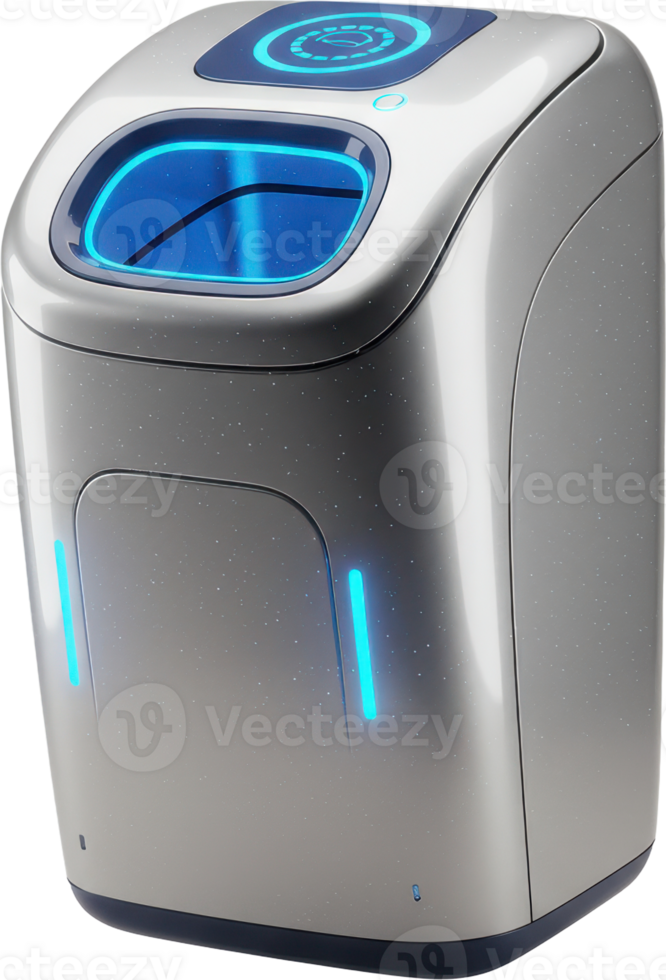 Sleek futuristic smart waste disposal unit with blue glowing lights and digital display png