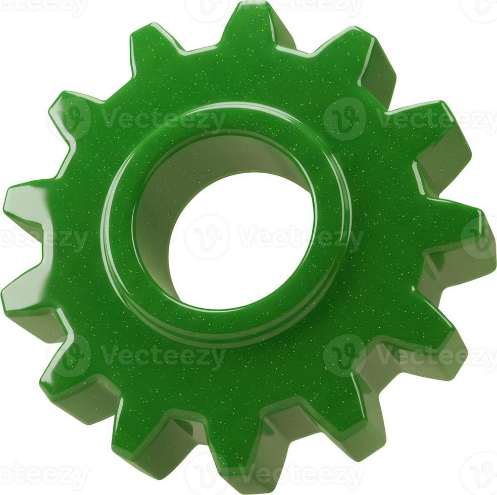Vibrant green glossy 3D gear icon for technology, settings, and progress concepts png