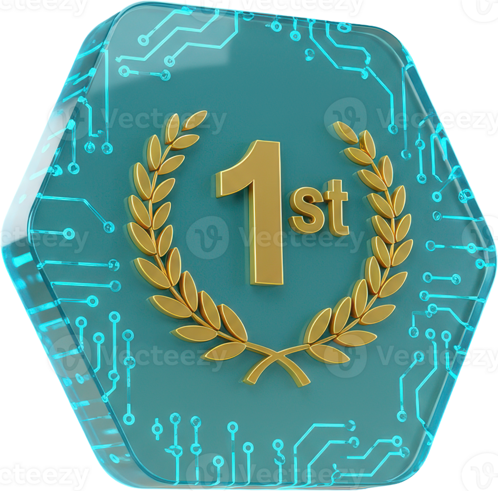 First place digital achievement award badge with futuristic circuit board design png