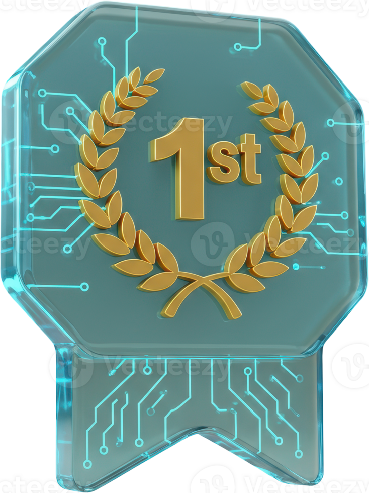 Transparent digital first place award badge with glowing circuitry png