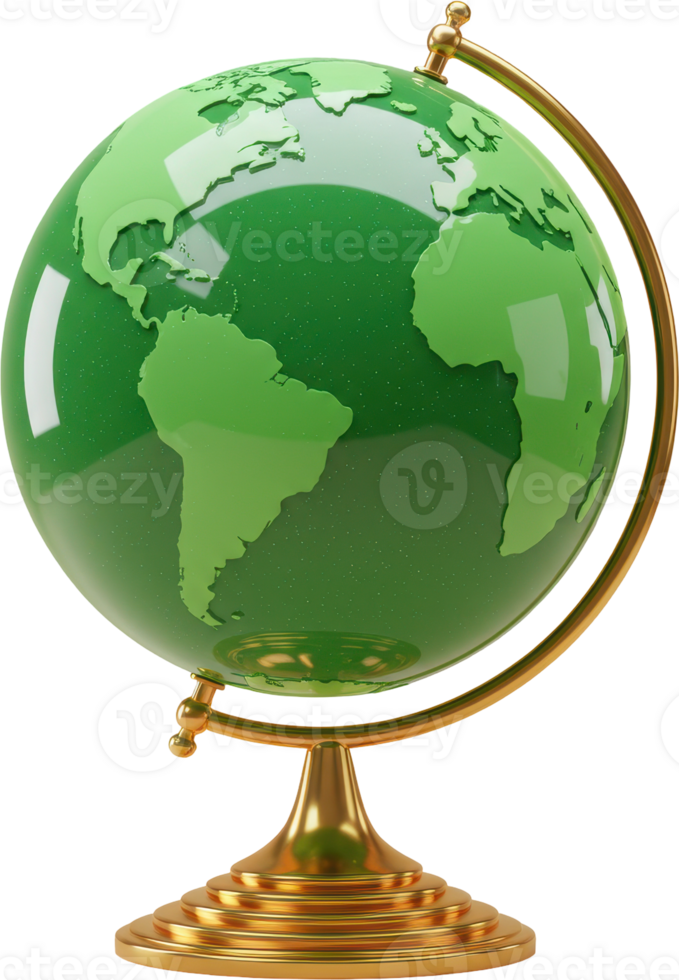 Shiny green world globe with golden stand representing global connection and ecology png